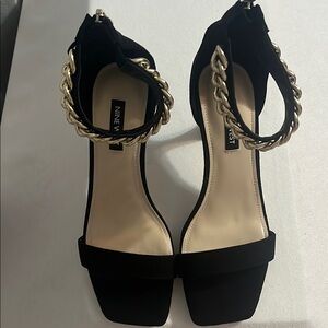 Nine West Black and Gold Heeled Sandals with Ankle Strap